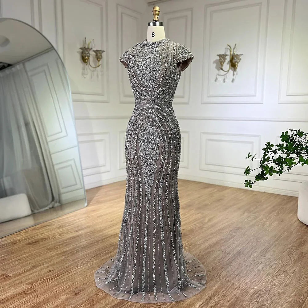 Custom Gray Beaded Mermaid Luxury Evening Gown With Cap Sleeves