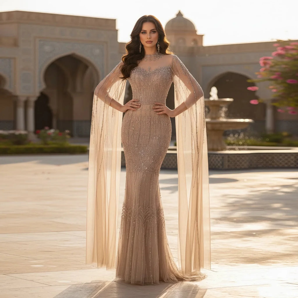 Customized Turquoise Beaded Mermaid Evening Dress With Cape Sleeves For Women