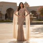Customized Turquoise Beaded Mermaid Evening Dress With Cape Sleeves For Women