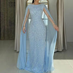 Custom Sage Green Mermaid Evening Dress With Beaded Cape Sleeves Gown