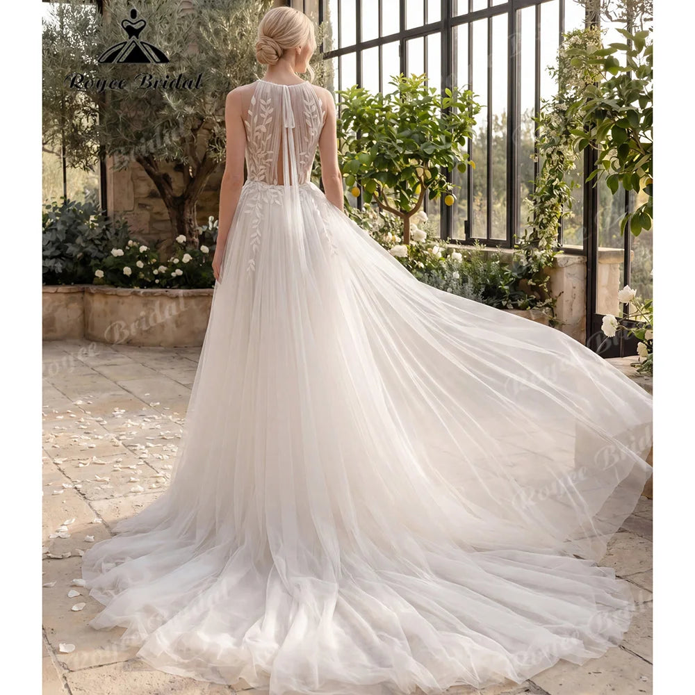 Roycebridal Halter Neck Leaf Lace A Line Wedding Dress With Keyhole Open Back