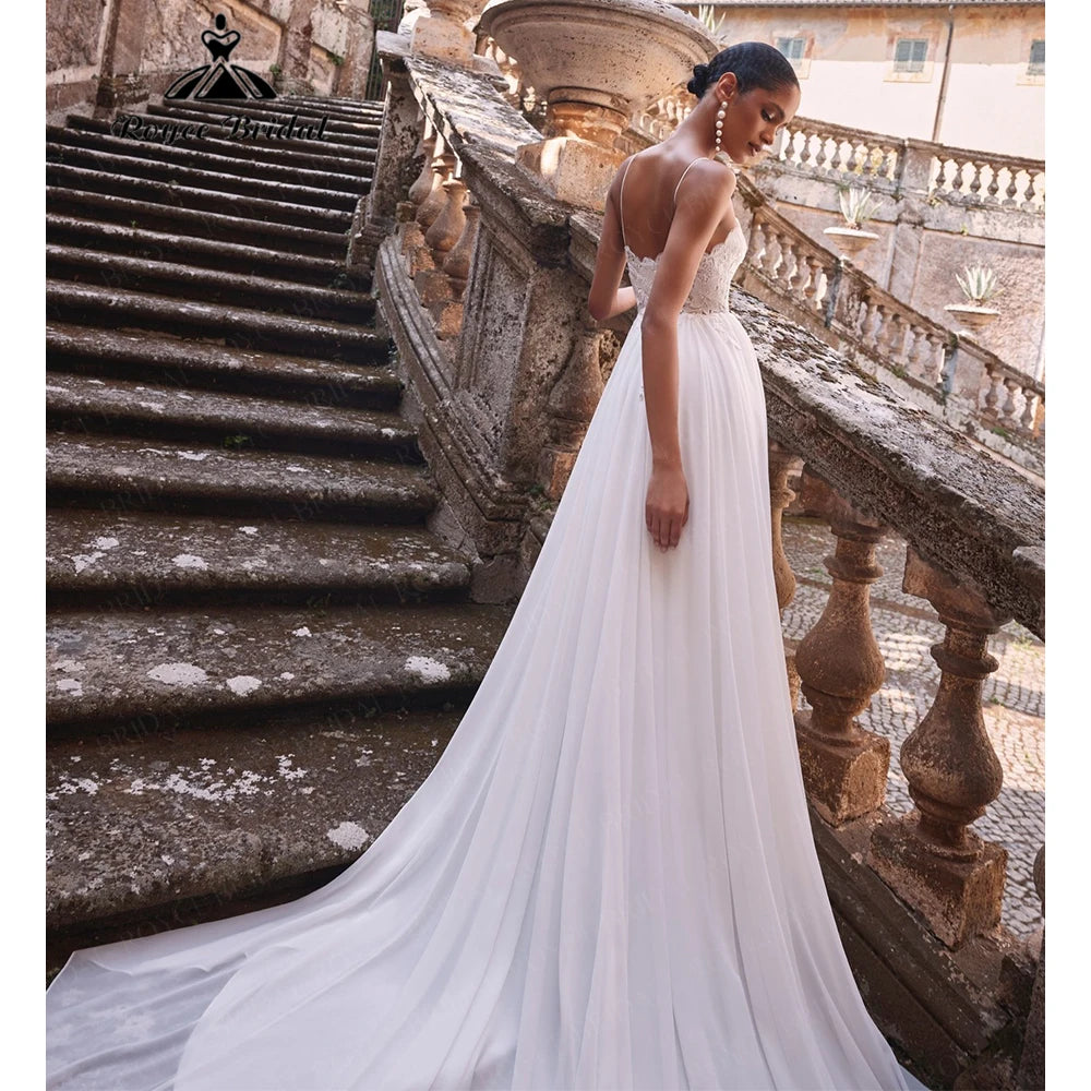 Custom Beach Wedding Dress V Neck Lace Chiffon Flowy Bridal Gown