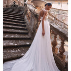 Custom Beach Wedding Dress V Neck Lace Chiffon Flowy Bridal Gown