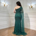 Serene Hill Custom Gold Beaded Mermaid One Shoulder Cape Sleeve Evening Dress