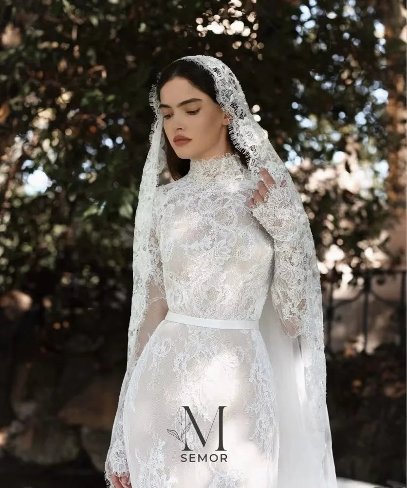 Custom Lace High Neck Long Sleeve Wedding Dress With Applique And Sweep Train