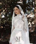 Custom Lace High Neck Long Sleeve Wedding Dress With Applique And Sweep Train