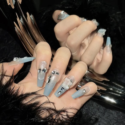 10 uñas postizas en degradado azul, hechas a mano, estilo francés, con cadena de destellos, decoración de diamantes de imitación, uñas postizas usables. 