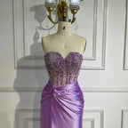 Customized Lilac Satin Strapless Mermaid Evening Dress Beaded Bridesmaid Gown