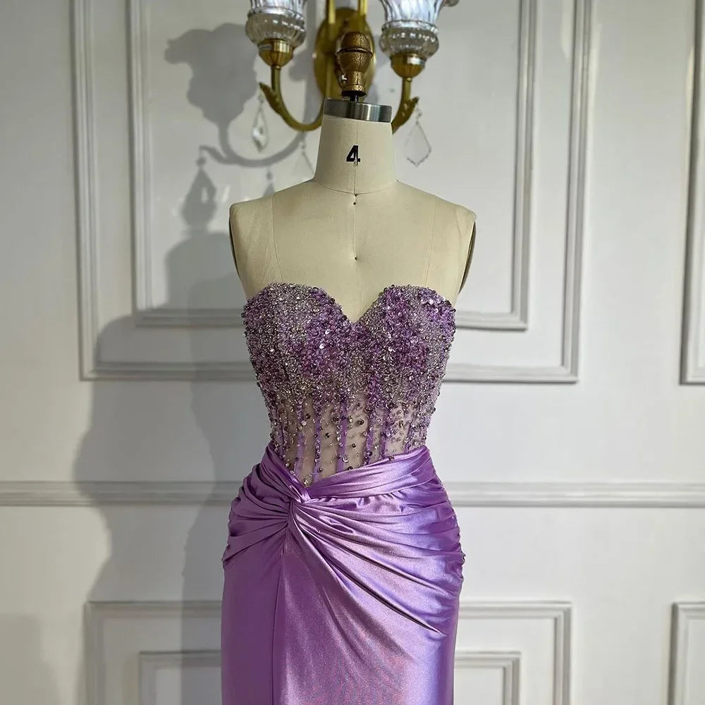 Customized Lilac Satin Strapless Mermaid Evening Dress Beaded Bridesmaid Gown