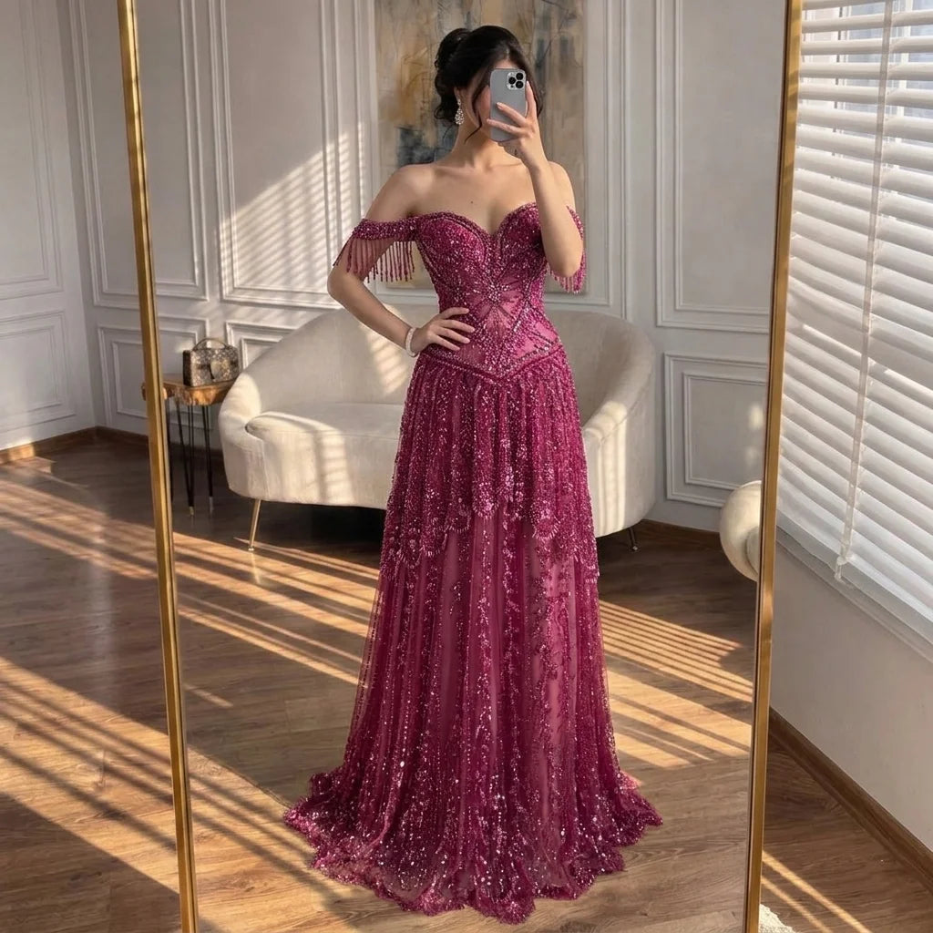 Serene Hill Fuchsia Beaded Off Shoulder Wedding Evening Dress Gown