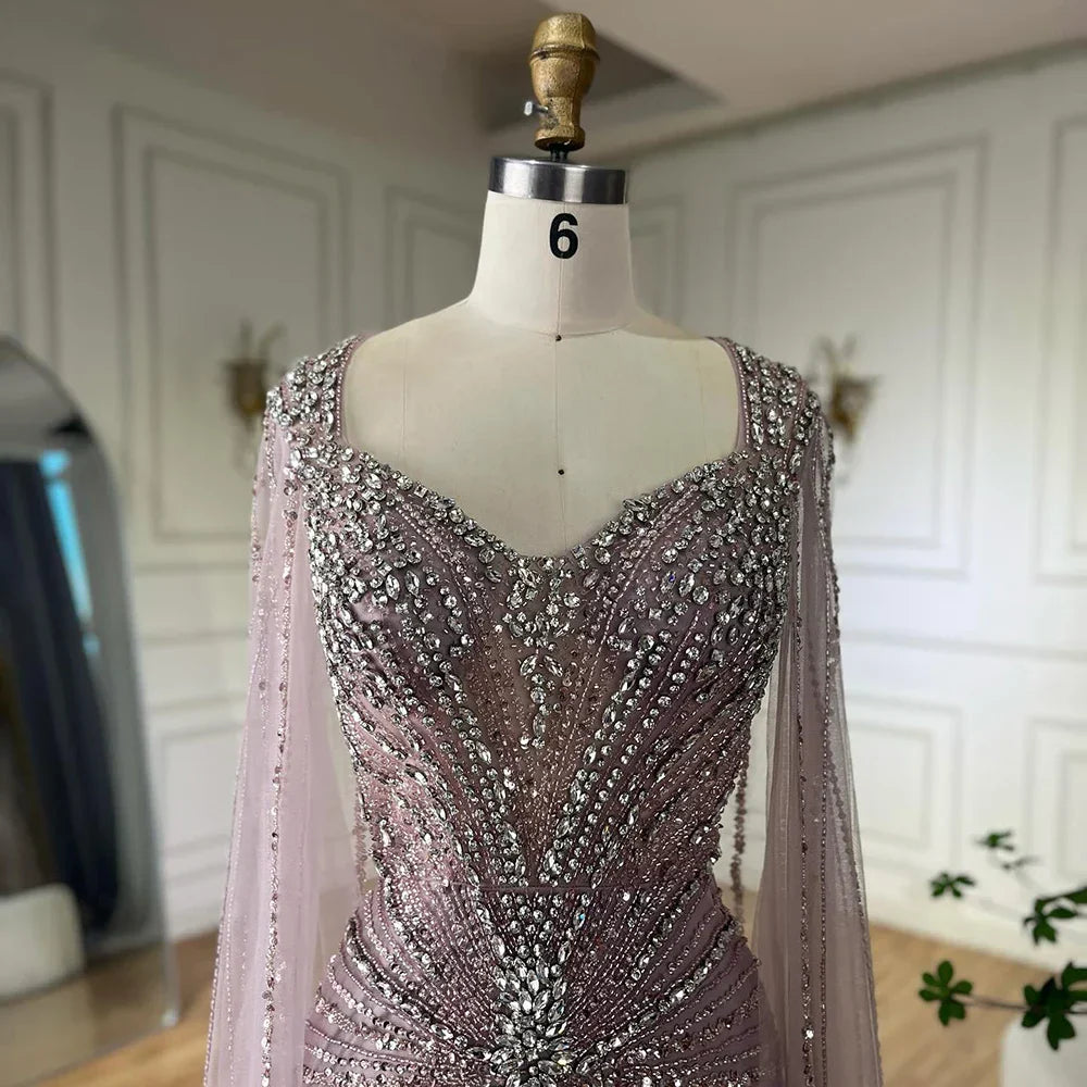Dubai Luxury Nude Cape Sleeves Beaded Evening Dress LA72575A