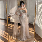 Serene Hill Caramel Pearl Beaded Mermaid Evening Gown With Sheer Cape