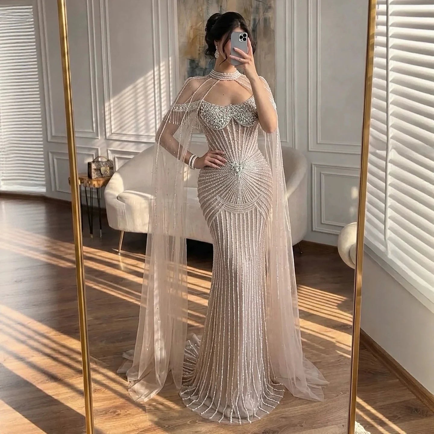 Serene Hill Caramel Pearl Beaded Mermaid Evening Gown With Sheer Cape