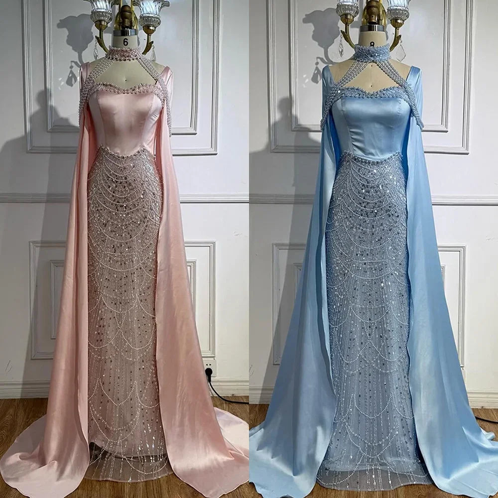 Blue Pearl Beaded Mermaid Evening Dress With Cape For Women Customized