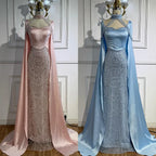 Blue Pearl Beaded Mermaid Evening Dress With Cape For Women Customized