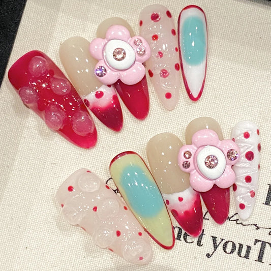 10 uñas postizas francesas rojas, brillantes, rosa rubor, hechas a mano, con diseños florales 3D, reutilizables, largas, almendradas. 