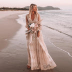 Custom Boho Embroidered Lace Wedding Dress Long Sleeve Deep V Neck Gown