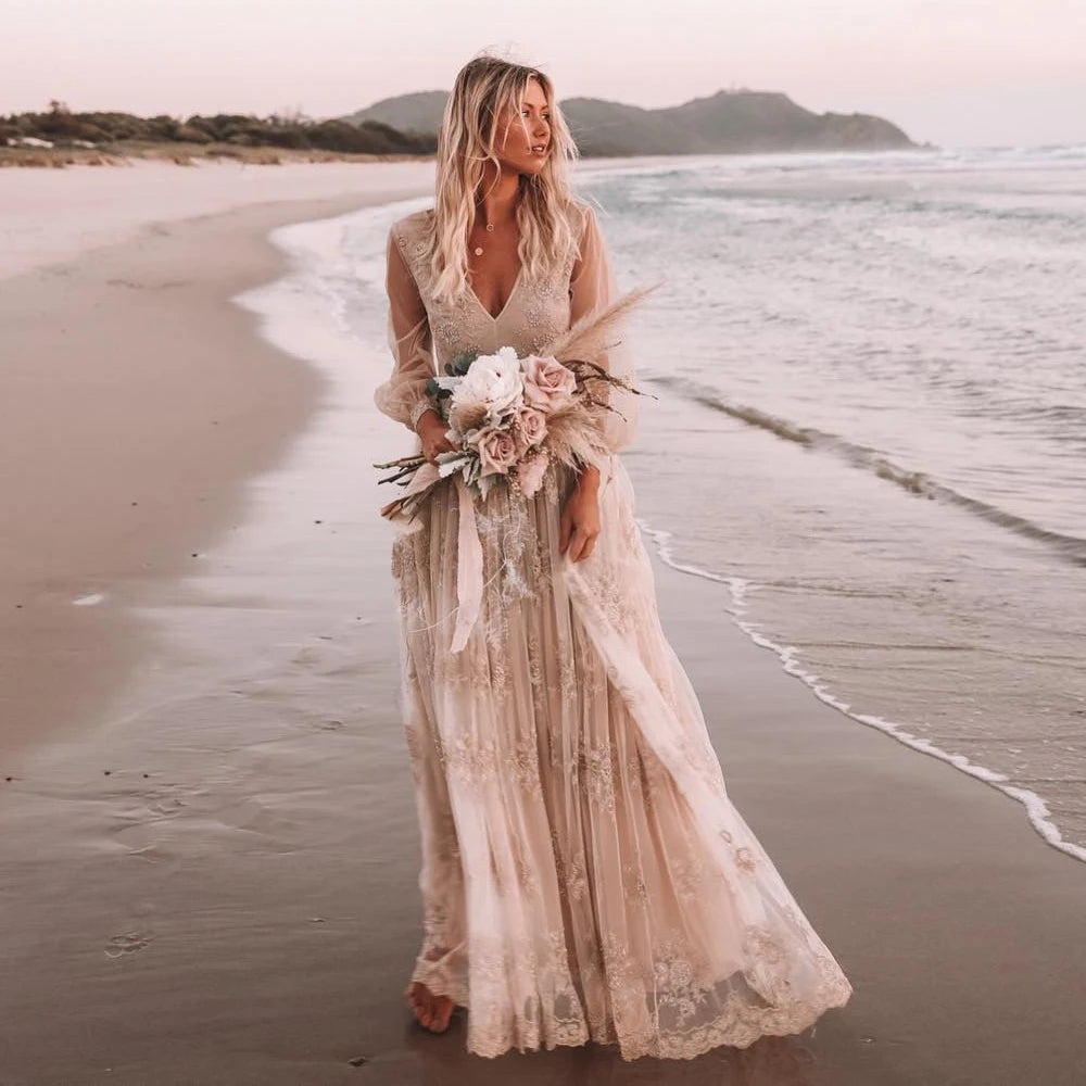 Custom Boho Embroidered Lace Wedding Dress Long Sleeve Deep V Neck Gown
