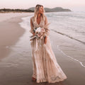 Custom Boho Embroidered Lace Wedding Dress Long Sleeve Deep V Neck Gown