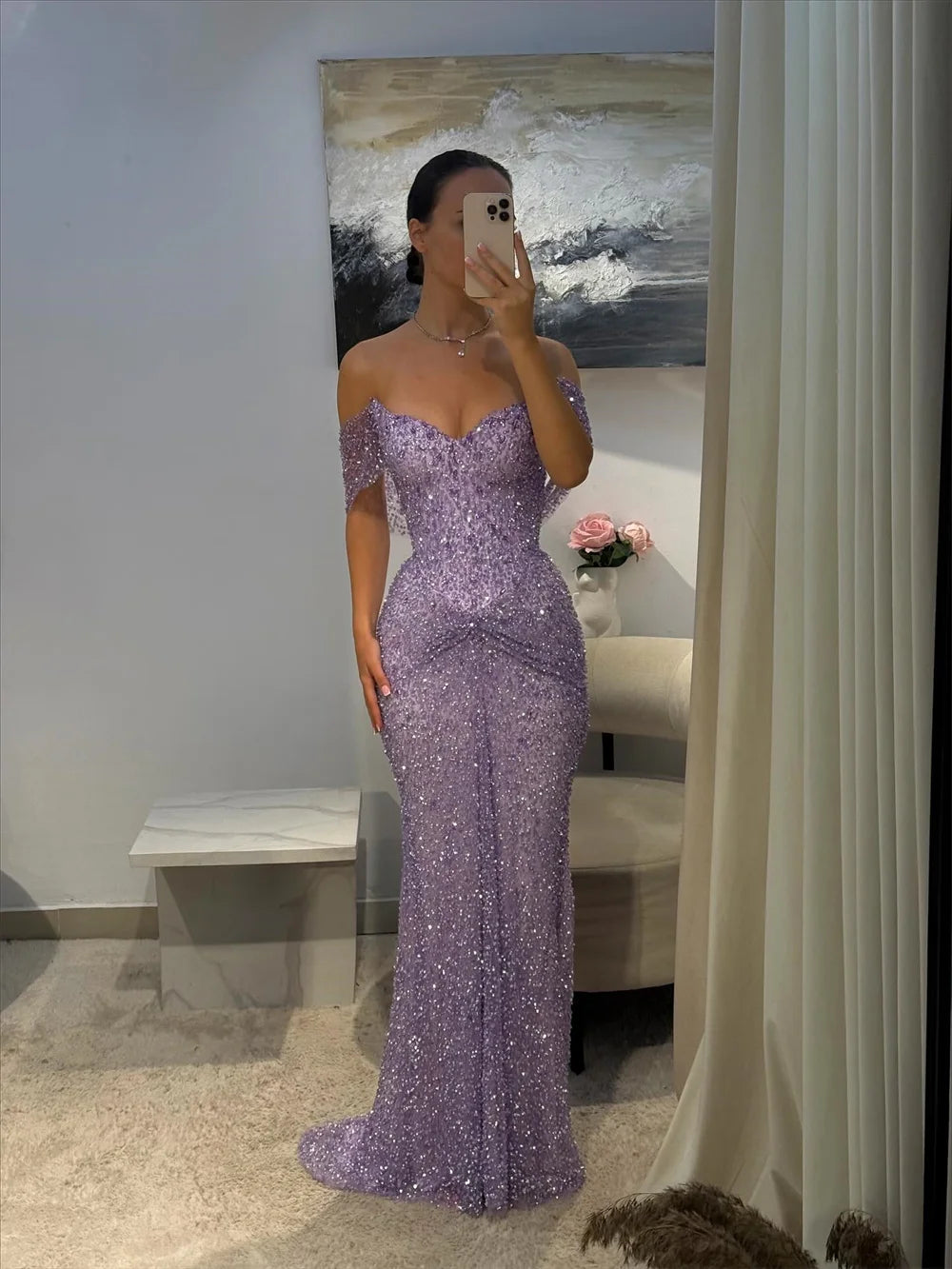 Vestido de fiesta largo hasta el suelo para noche formal, sirena, morado personalizado de lujo con pedrería, escote barco, vestido de novia Cathy