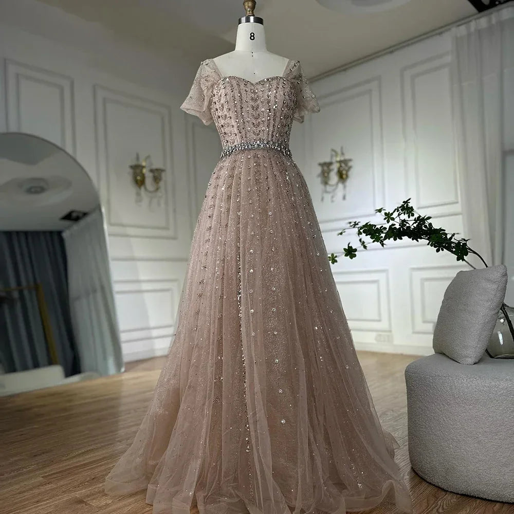 Serene Hill 2025 Custom Nude Beaded A Line Backless Evening Wedding Dress