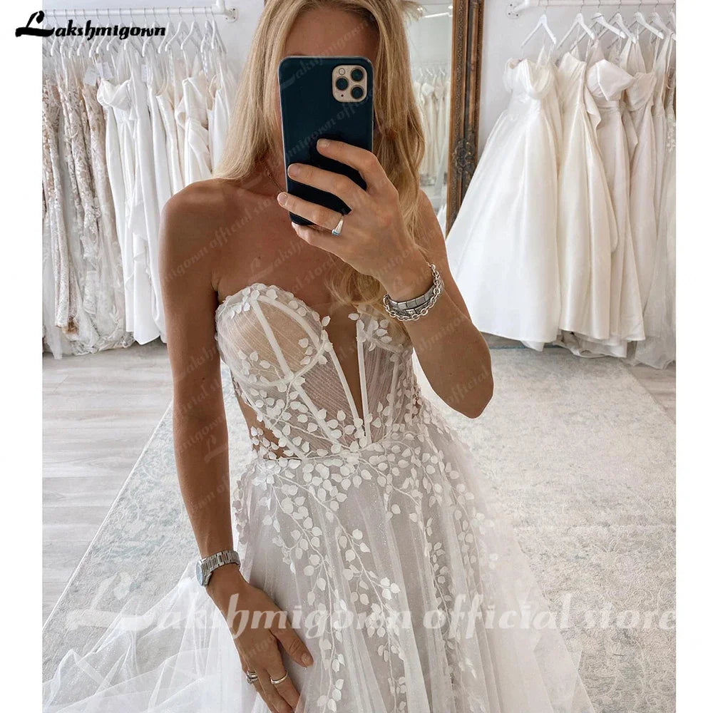 Custom Lace Boho Off Shoulder Wedding Gown With Detachable Sleeves