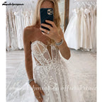 Custom Lace Boho Off Shoulder Wedding Gown With Detachable Sleeves