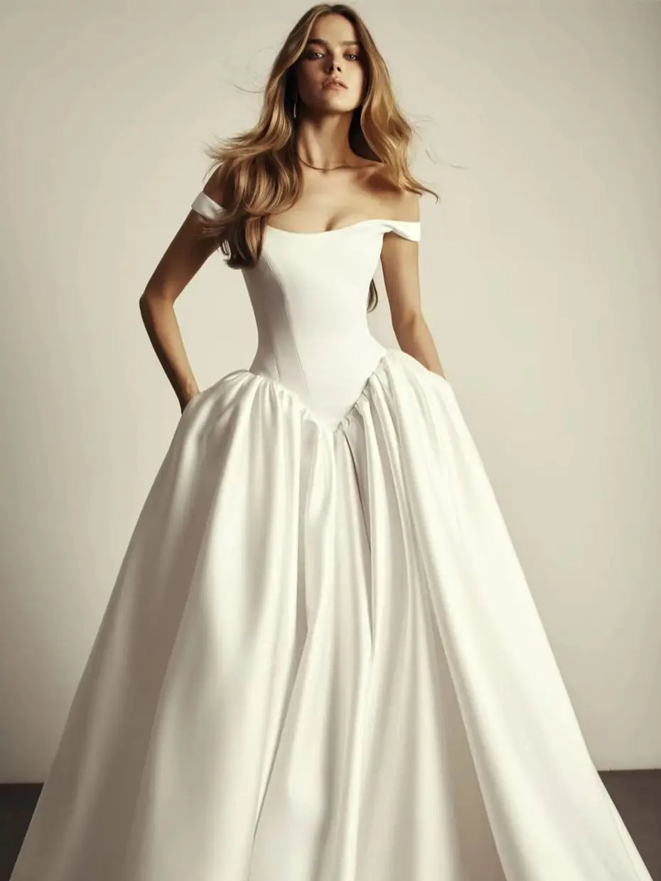 Kyoto Custom White Satin Off Shoulder A Line Wedding Dress With Court Train