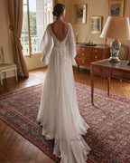 Custom A Line Wedding Dress With Lace Appliques Puff Sleeves Backless