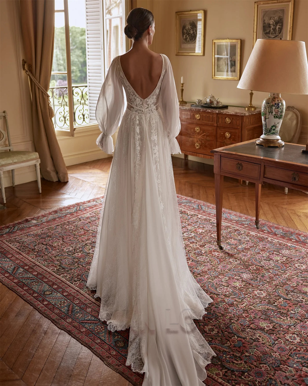 Custom A Line Wedding Dress With Lace Appliques Puff Sleeves Backless
