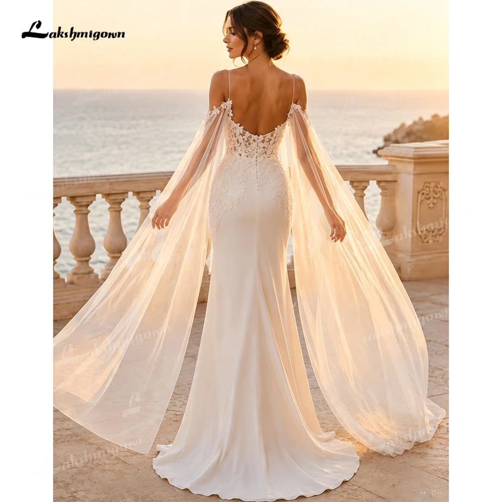 Customized Romantic Lace Spaghetti Strap Mermaid Wedding Dress With Cape