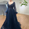Serene Hill Customized Navy Long Sleeve Beaded Arabic Evening Dress