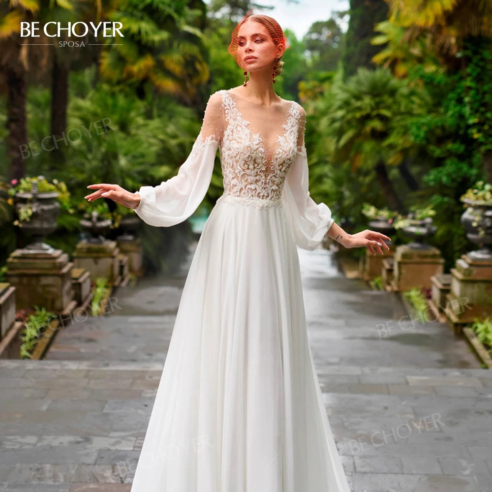 Long Sleeve A Line Wedding Dress With Beaded Appliques Plus Size Gown