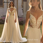 Lakshmigown Bohemian A Line Wedding Dress With Lace V Neck And Cape