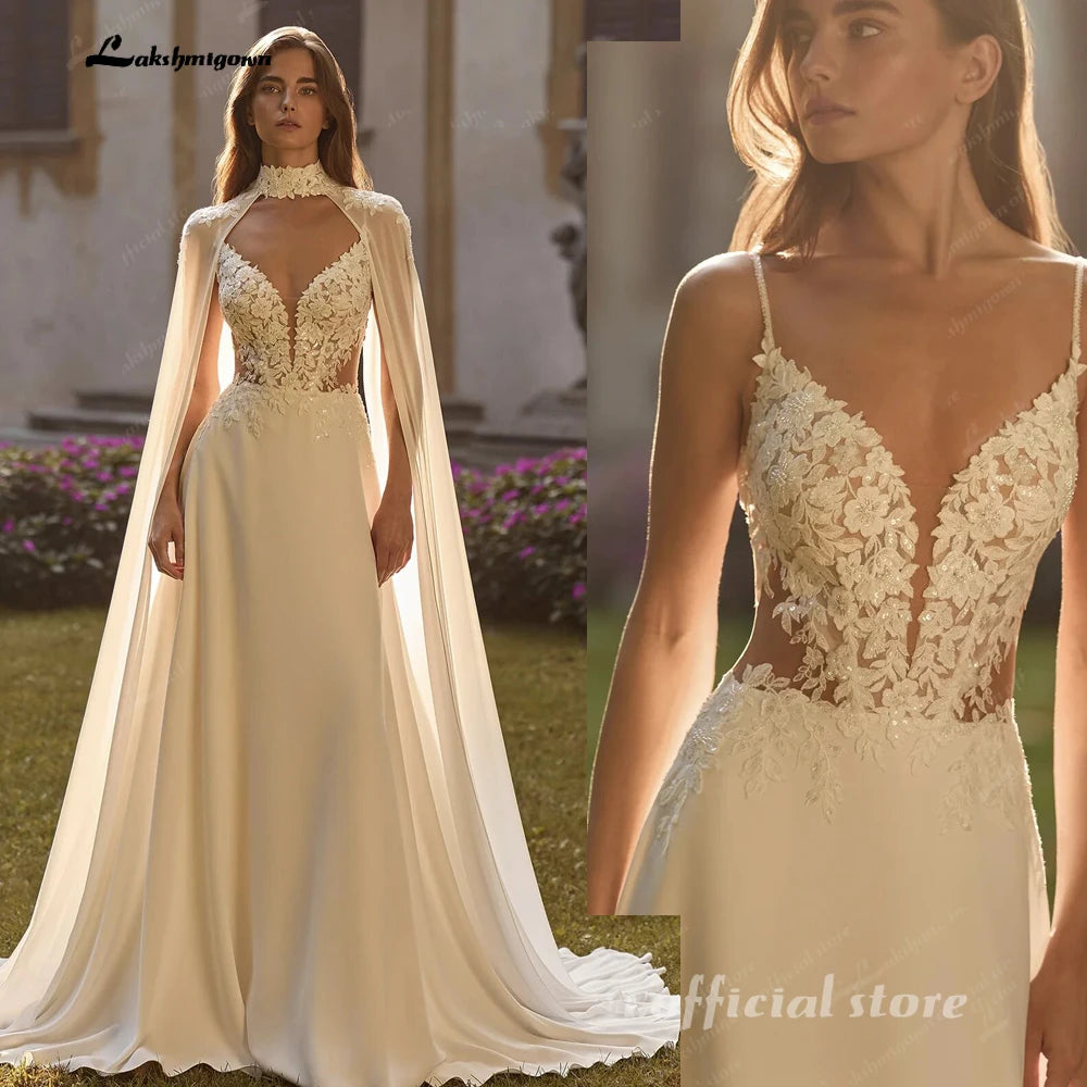 Lakshmigown Bohemian A Line Wedding Dress With Lace V Neck And Cape