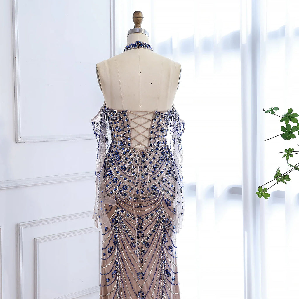 Luxury Kosovo Blue Evening Dress With Gloves LA72760C