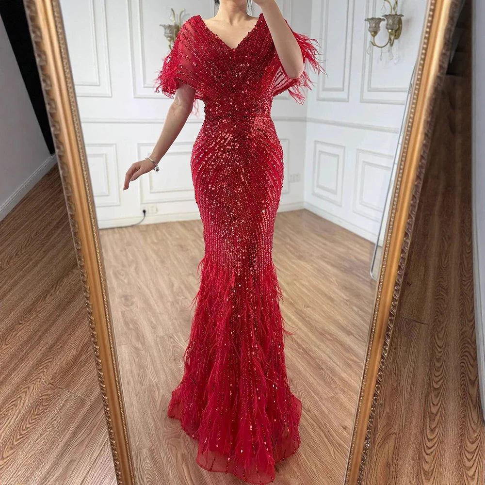 Luxury Arabic Red Mermaid Evening Dress with Feathers Beaded LA71323A