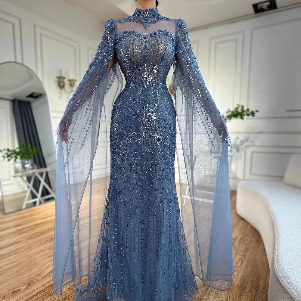 Luxury  Modest Blue Mermaid Evening Dress with Cape LA73006