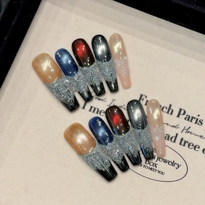 10 uñas postizas para niñas, con efecto ojo de gato, cielo estrellado, largas, hechas a mano, con diamantes brillantes, estilo Y2K. 
