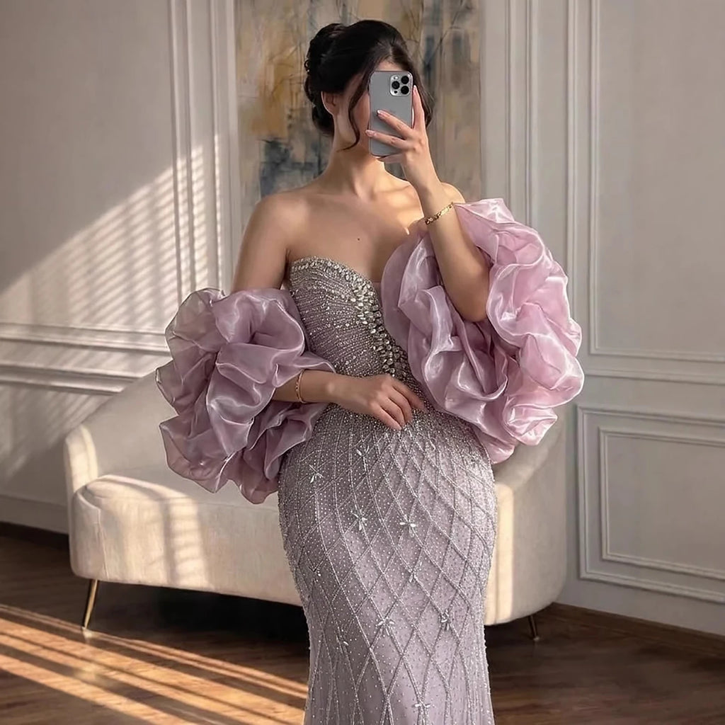 Pink Strapless Mermaid Beaded Evening Dress With Cape Custom Fit