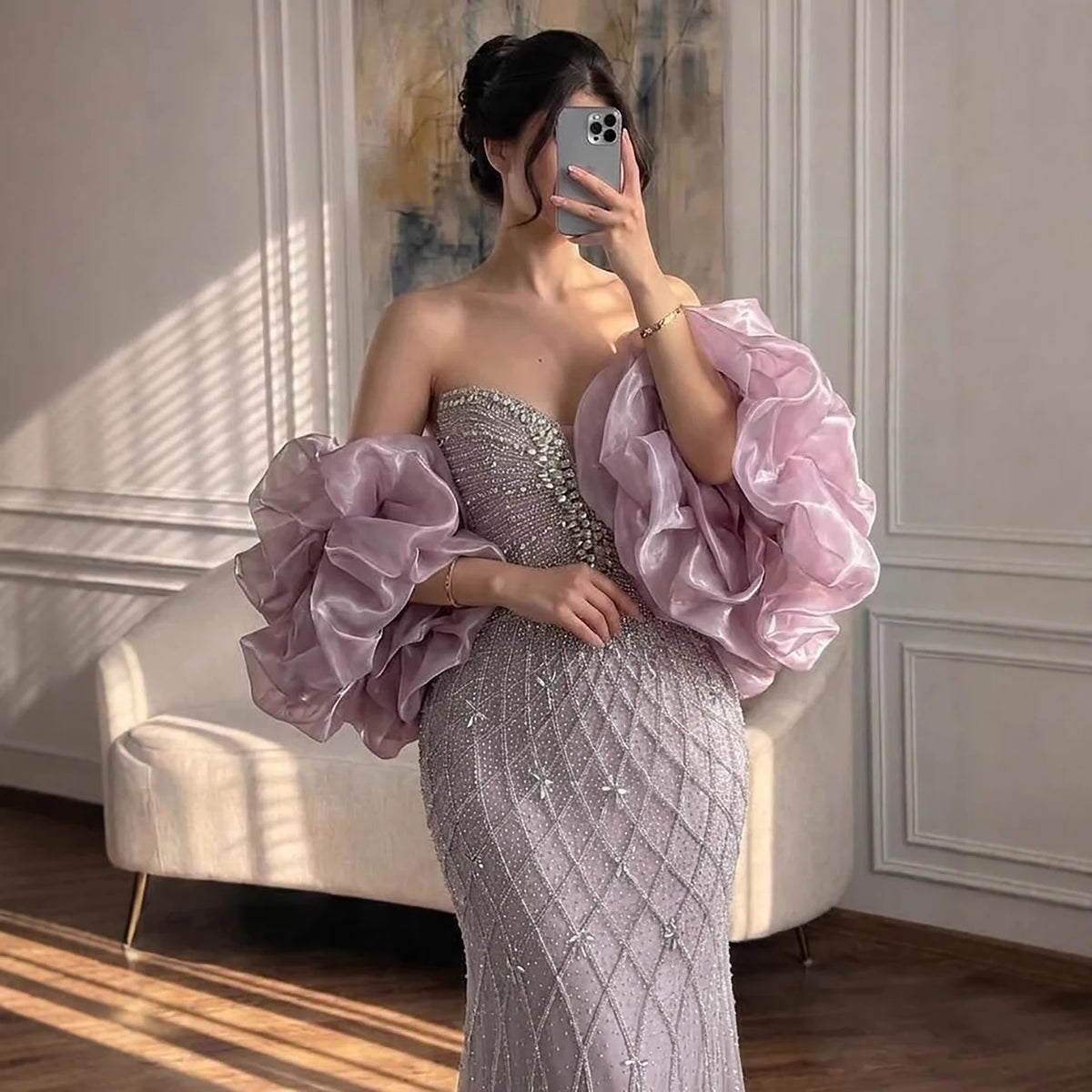 Pink Strapless Mermaid Beaded Evening Dress With Cape Custom Fit