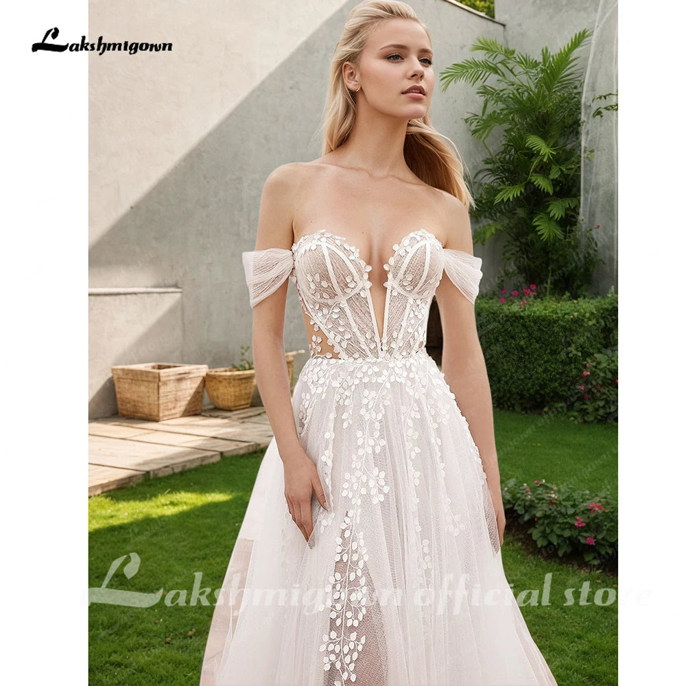 Custom Lace Boho Off Shoulder Wedding Gown With Detachable Sleeves