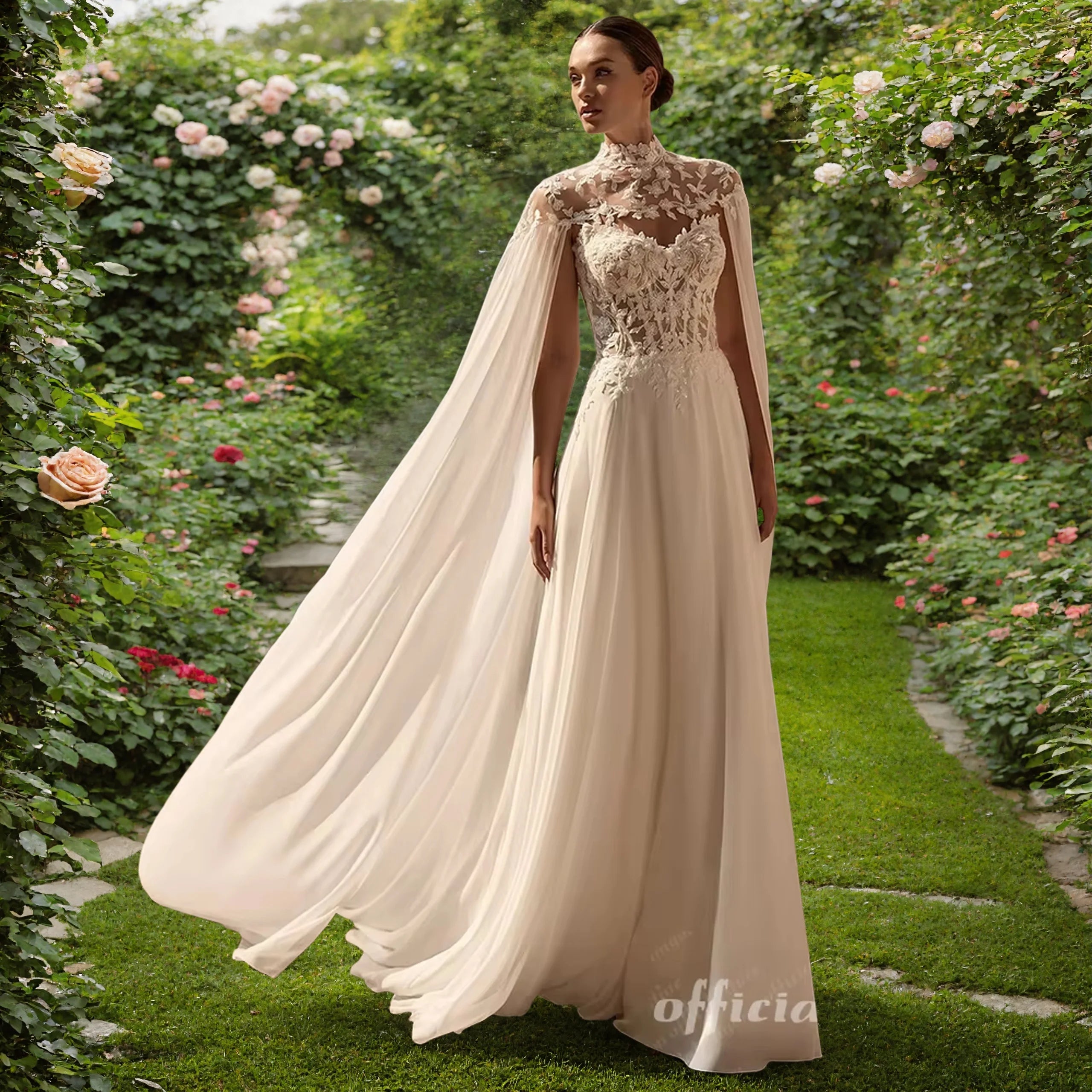Lakshmigown Two Piece Wedding Dress Sheer Lace Corset Chiffon Cape A Line Custom
