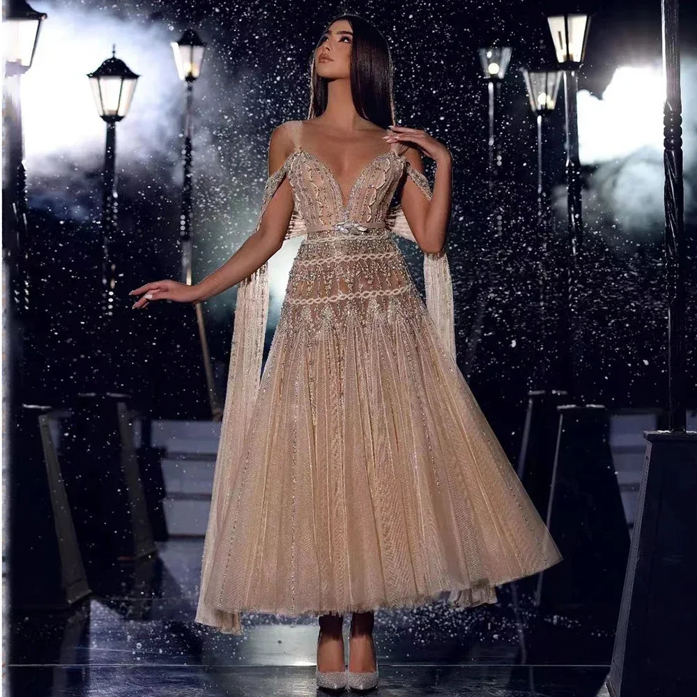Customized Nude A Line Midi Prom Dress Glitter Beaded Evening Party Gown