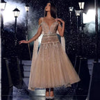 Customized Nude A Line Midi Prom Dress Glitter Beaded Evening Party Gown