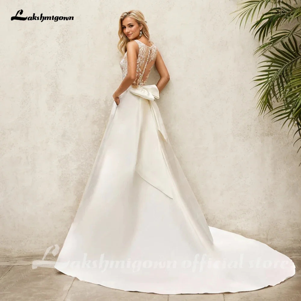Custom Satin Wedding Dress With Lace Appliques For Women