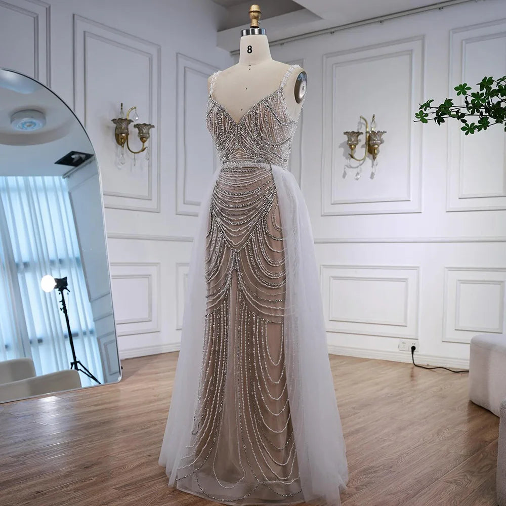 Custom White Nude V Neck Sleeveless Mermaid Beaded Wedding Gown