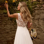 Boho Chiffon Wedding Dress Sleeveless Deep V Lace Sweep Train