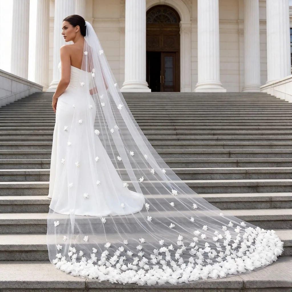 3D Flower Cathedral Bridal Veil With Comb White Ivory Wedding Tulle