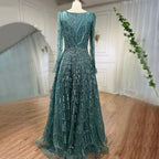 Serene Hill Turquoise Muslim V Neck Long Sleeve Beaded Evening Dress